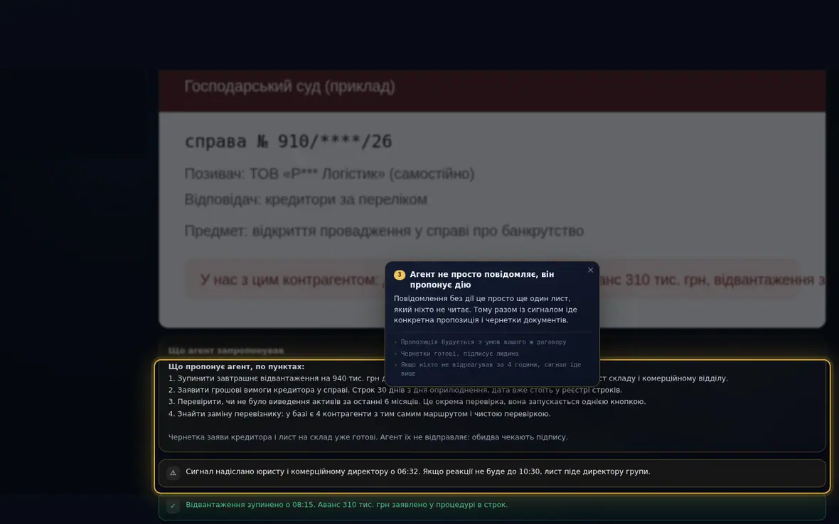 Сигнал іде разом з готовою дією і чернетками, а не просто «зверніть увагу».